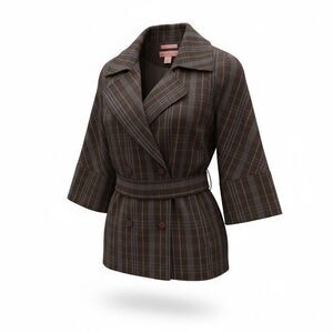 Bandolino Stretch Plaid Double Breasted Belted Blazer Jacket Brown Size 12
